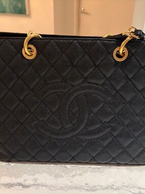 Authentic CHANEL Black Quilted Caviar Leather Shoulder Tote with Gold Hard